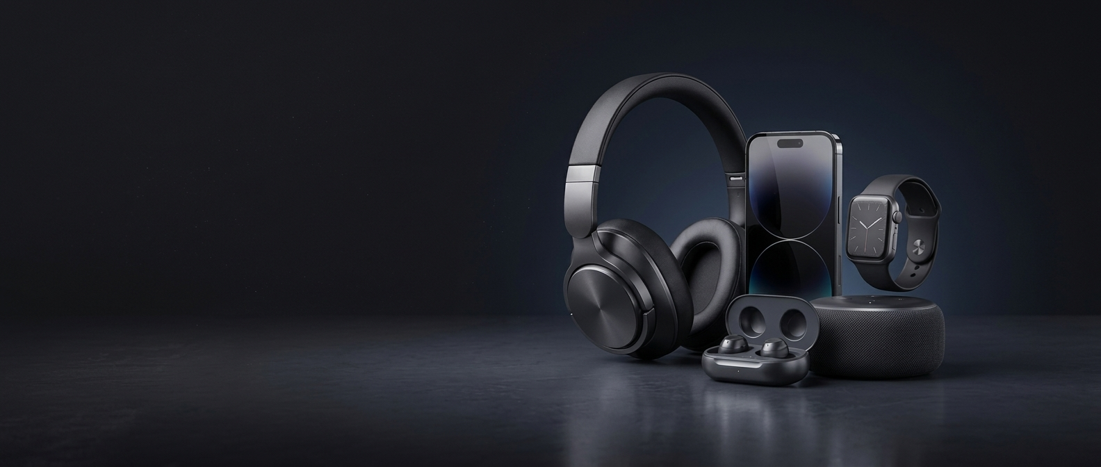 Headphones, phone, smartwatch, wireless earbuds and speaker